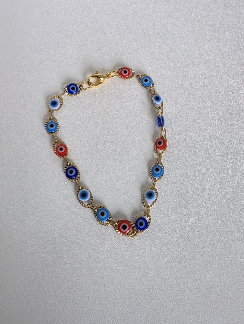 Gold Tone Evil Eye Bracelet Blue Red Nazar Charm 7" Dainty Boho - Picture 4 of 5